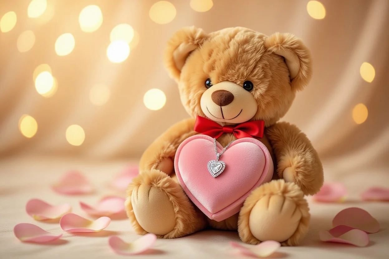 Surprise teddy bear with hidden necklace compartment revealing diamond jewelry romantic gift