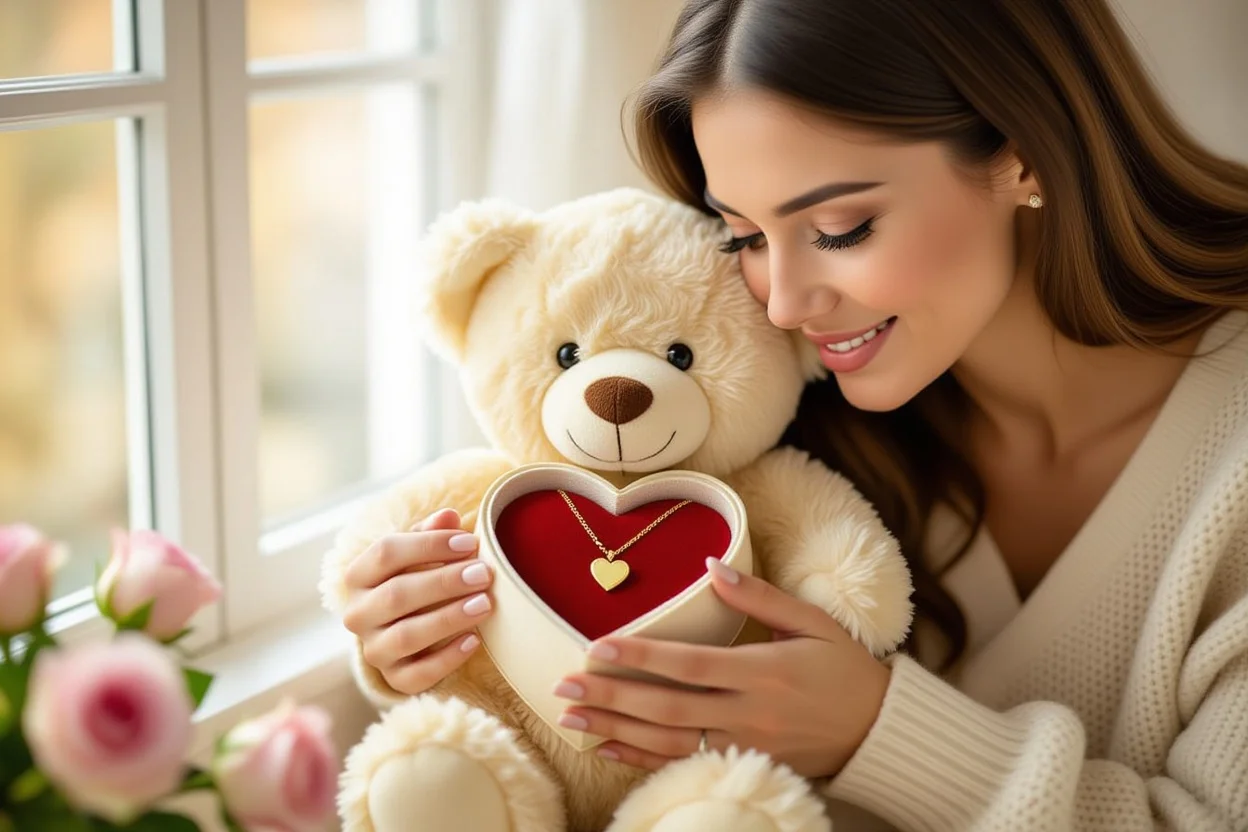 Woman discovering hidden necklace surprise inside teddy bear romantic gift moment