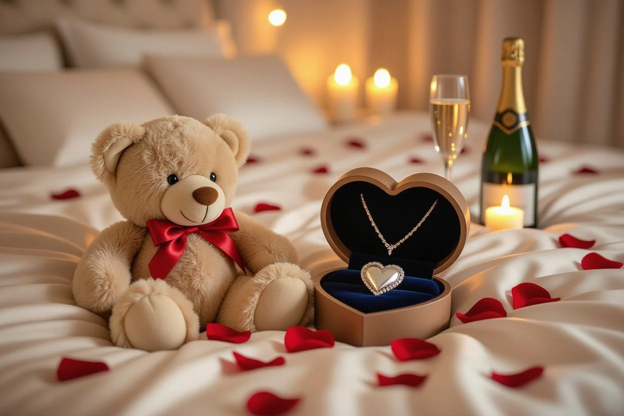 Romantic surprise teddy bear with hidden necklace in candlelit bedroom anniversary gift setting