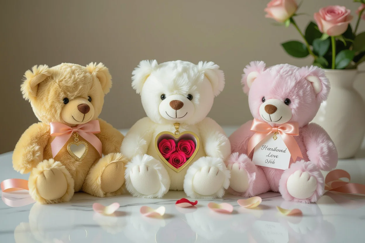 Collection of romantic teddy bear gifts with hidden surprises for girlfriend or wife