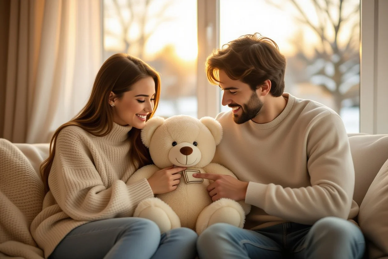 Couple discovering hidden surprise inside romantic teddy bear gift on special occasion