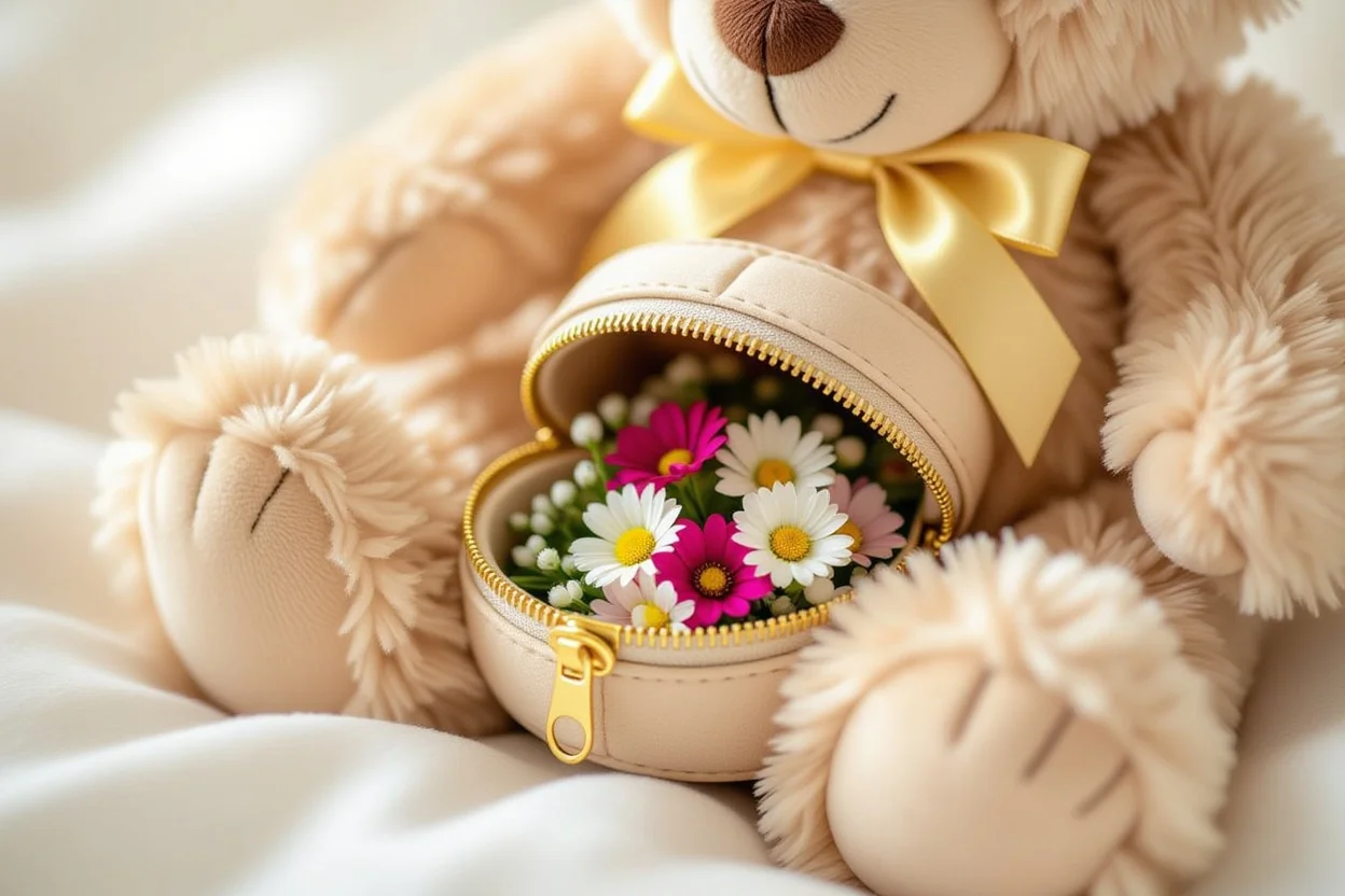Close-up of hidden compartment in luxury teddy bear showing romantic surprise gift details