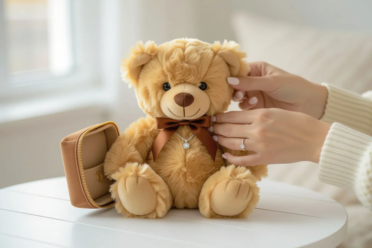 Teddy bear with hidden compartment revealing jewelry surprise gift for girlfriend