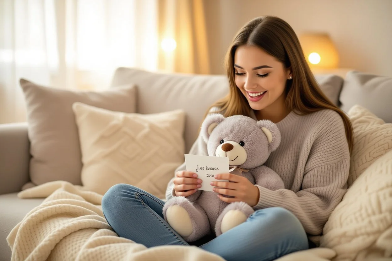Woman discovering surprise note in teddy bear hidden compartment romantic gift