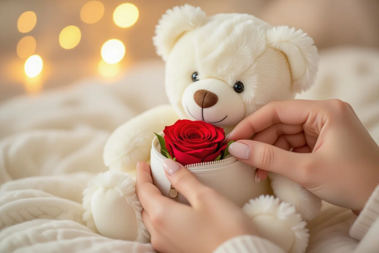 Hands placing preserved rose in teddy bear secret compartment thoughtful gift