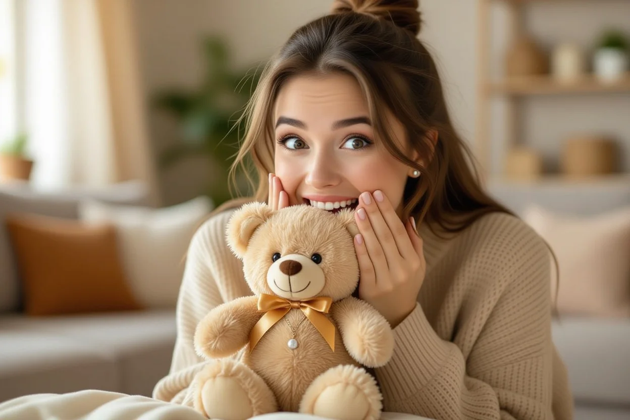 Woman surprised by hidden necklace inside teddy bear romantic gift