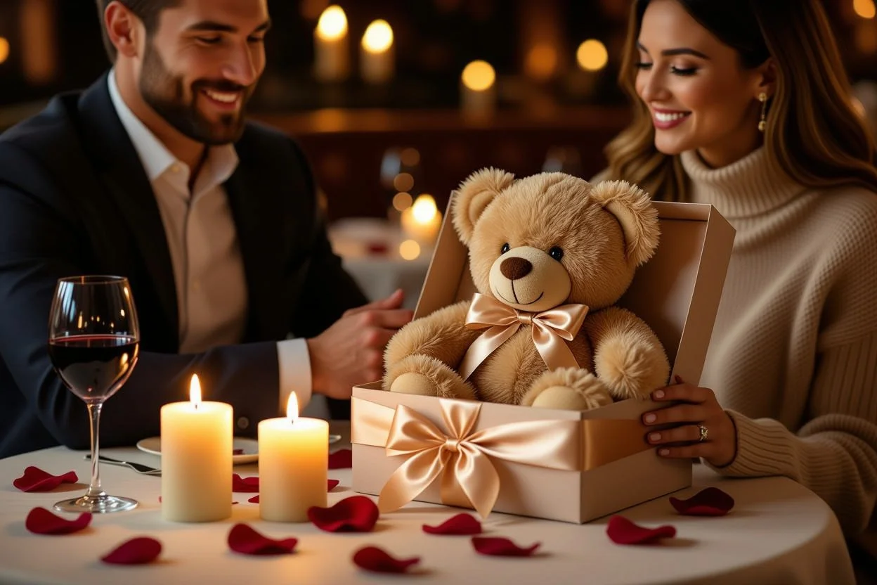 Romantic gift presentation with surprise teddy bear for Valentine's Day