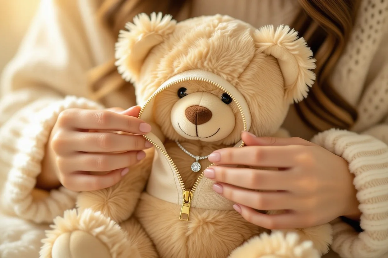 Hidden necklace compartment inside teddy bear surprise gift for her