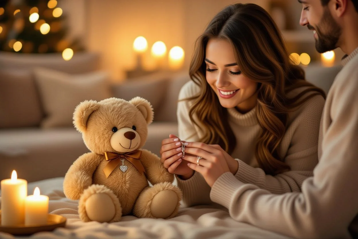 Couple sharing romantic teddy bear necklace gift surprise moment
