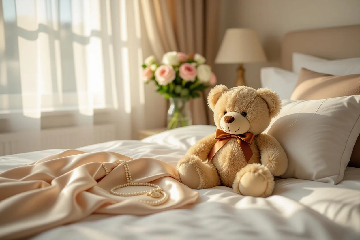 Romantic bedroom setting with teddy bear and necklace anniversary gift