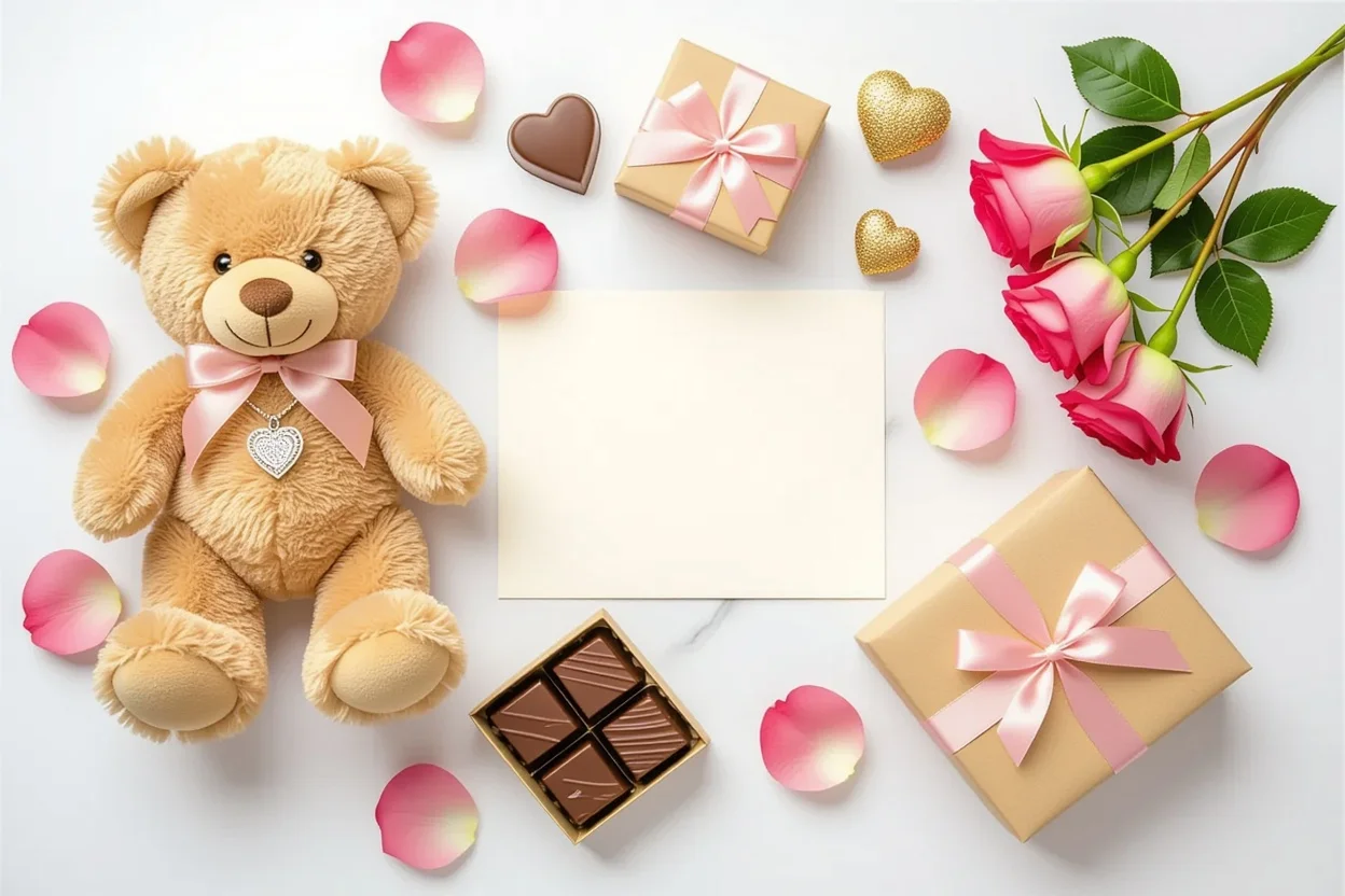 Romantic gifts collection flat lay featuring teddy bear necklace Valentine's Day presents