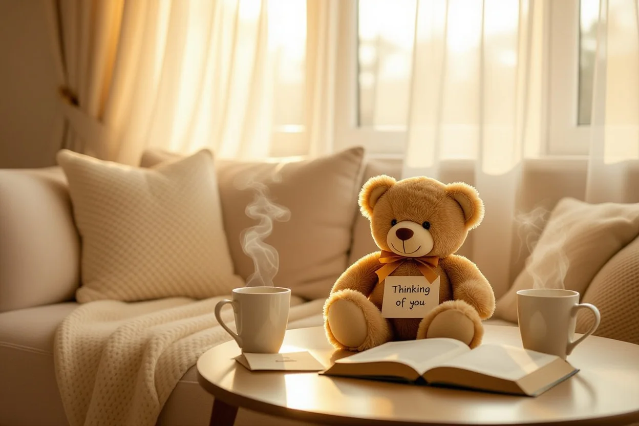 Thoughtful teddy bear gift on cozy sofa with thinking of you note in warm living room setting
