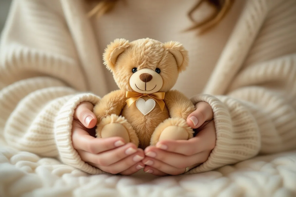 Gentle hands presenting small teddy bear gift with heart tag as romantic gesture