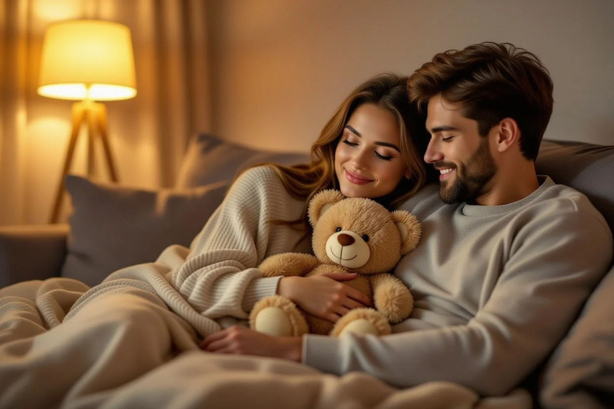 Couple enjoying intimate movie night moment with surprise teddy bear gift on couch