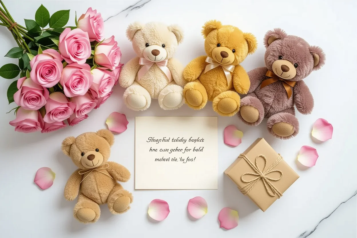 Elegant flat lay of teddy bear gifts with roses and romantic accessories for relationship gifting