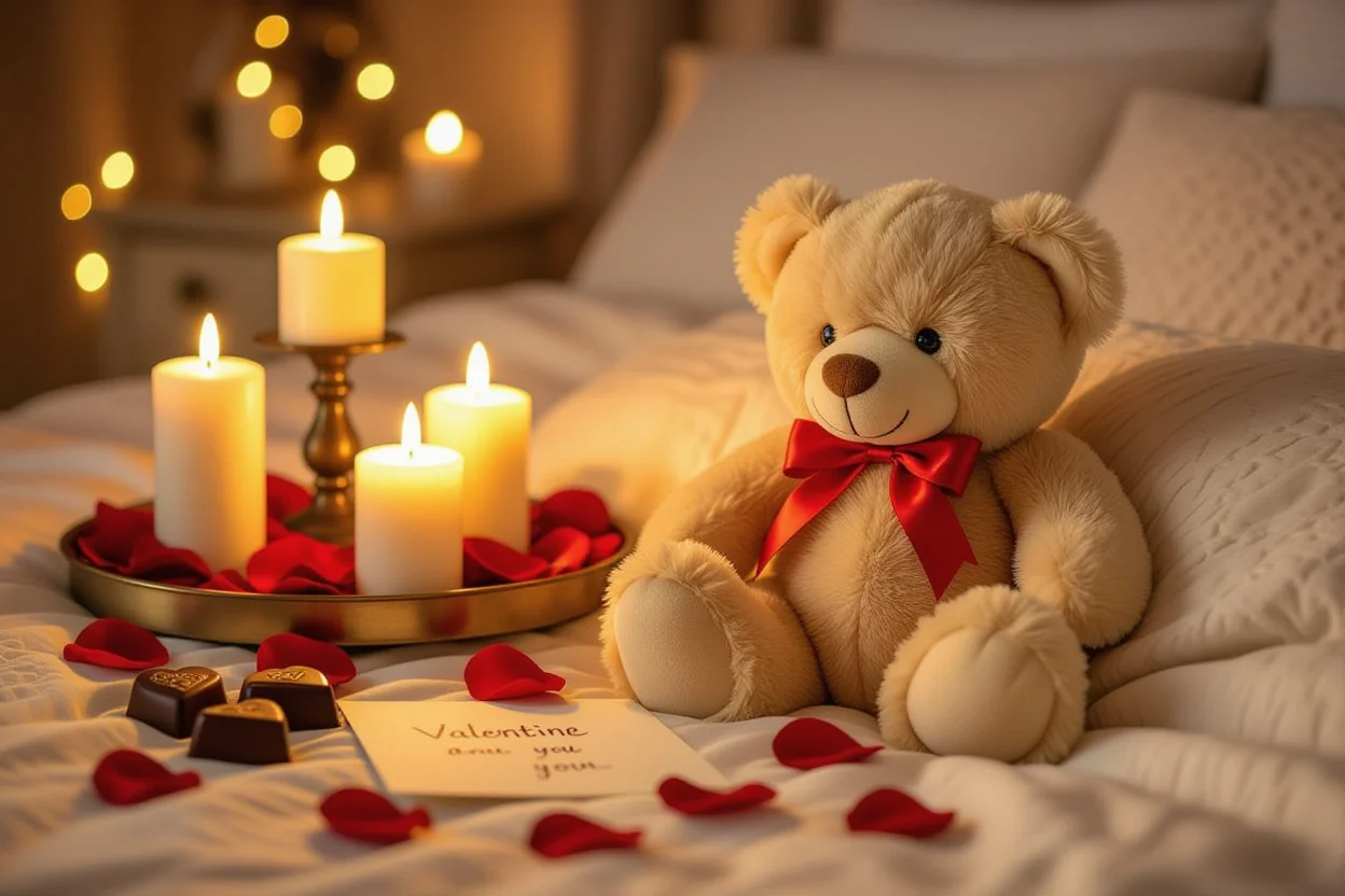 Romantic teddy bear Valentine's Day gift on bedside table with candles and rose petals