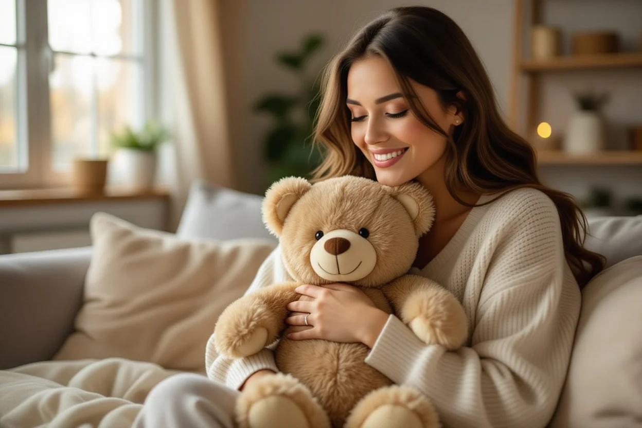 Happy woman hugging romantic teddy bear gift showing joy and surprise