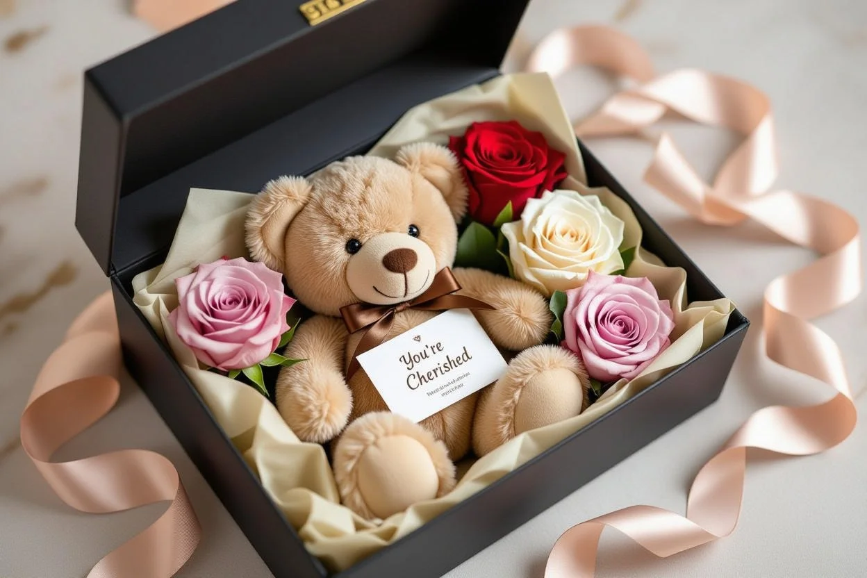Luxury teddy bear gift box presentation with roses and romantic card for Valentine's Day