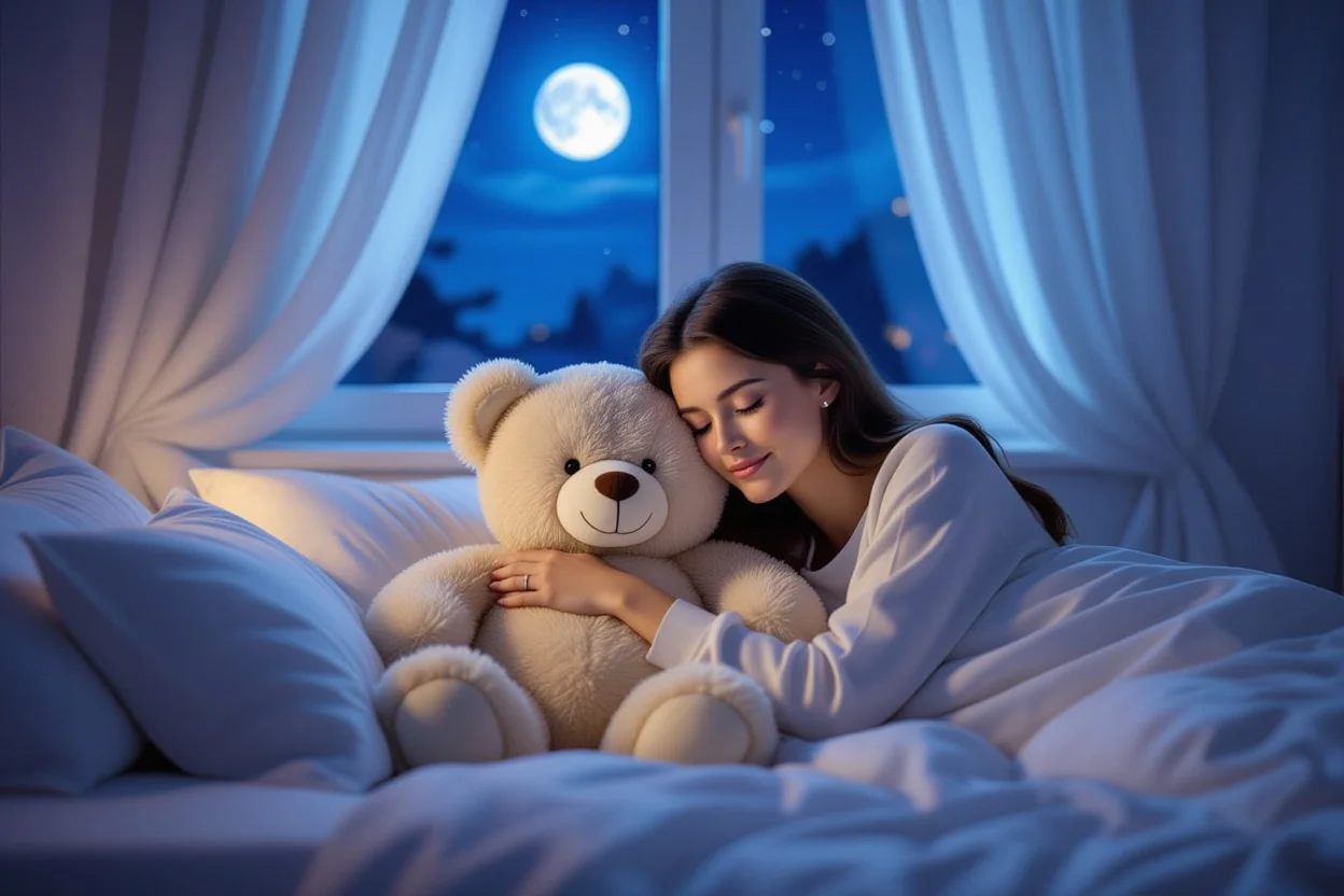 Woman sleeping peacefully with comfort teddy bear showing lasting emotional support