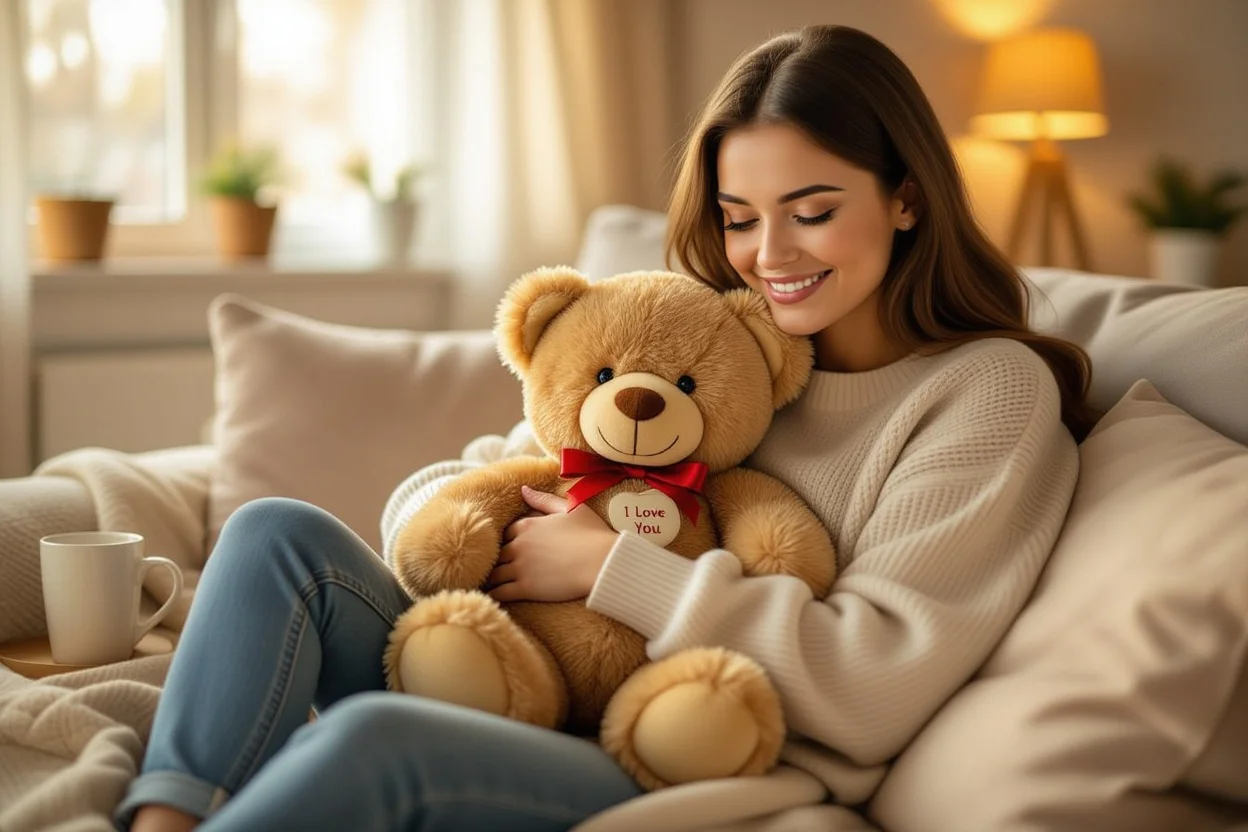 Woman holding I love you teddy bear gift in cozy home setting for daily appreciation