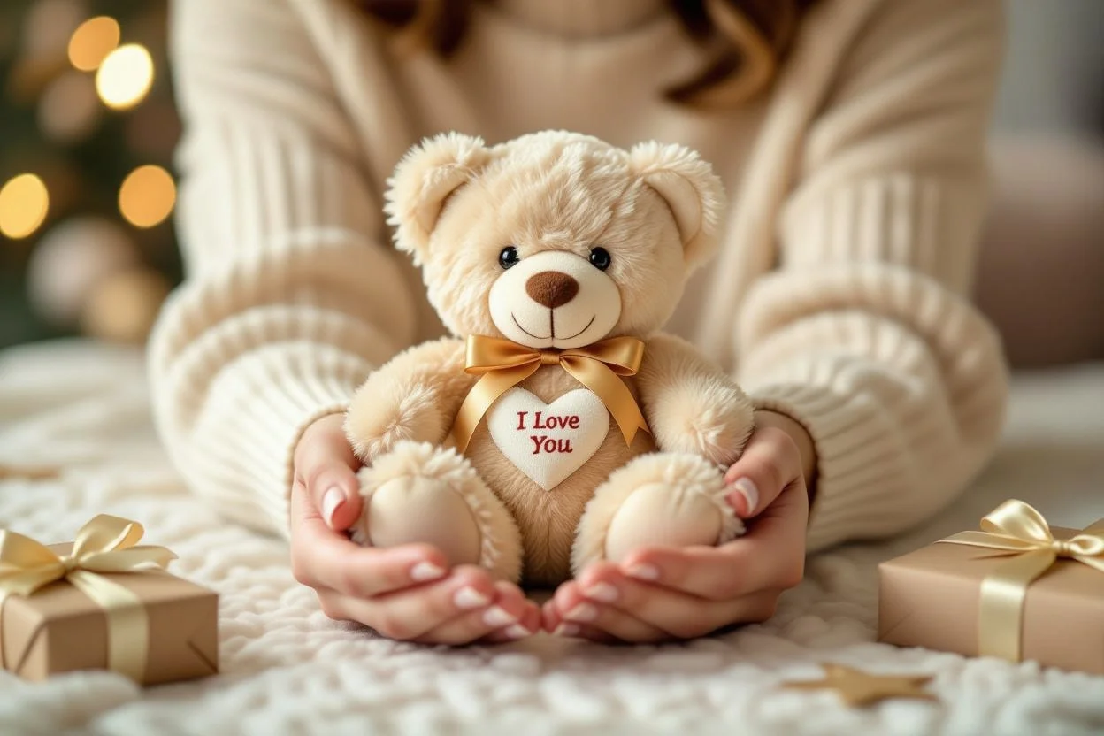 Hands giving teddy bear with love message as romantic daily appreciation gift
