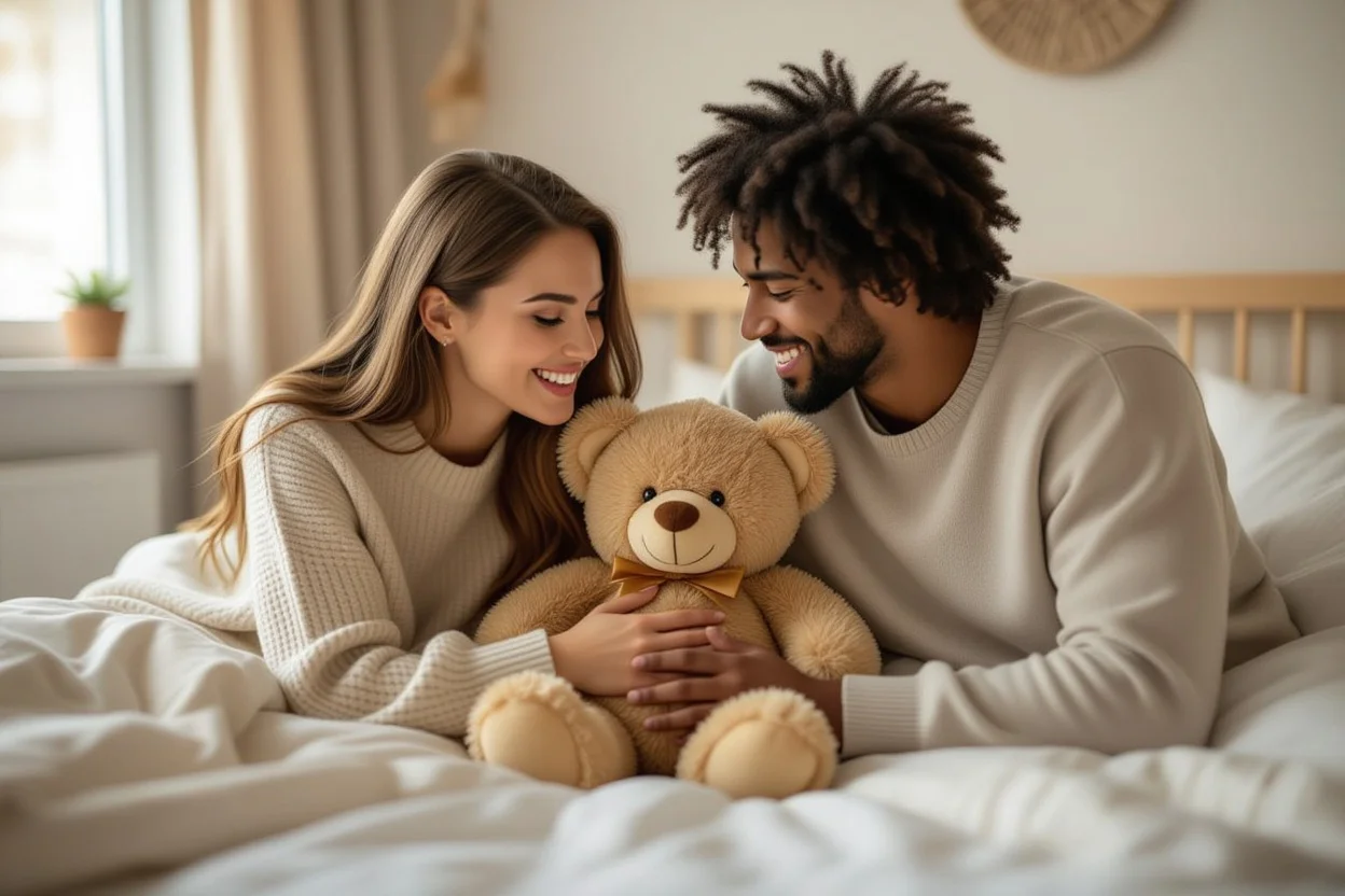 Couple sharing intimate moment with surprise teddy bear gift for daily relationship appreciation