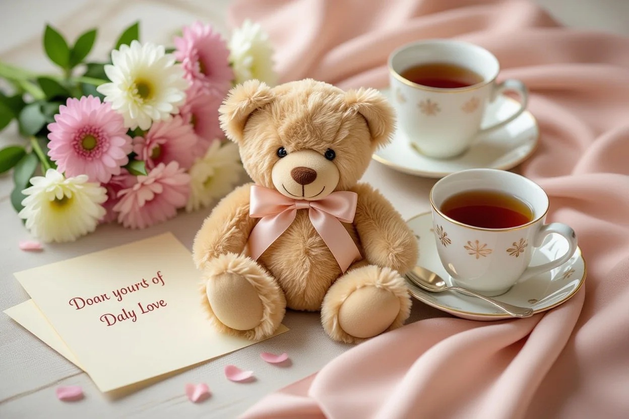 Stylized arrangement of teddy bear with flowers and love notes representing daily appreciation gifts for women