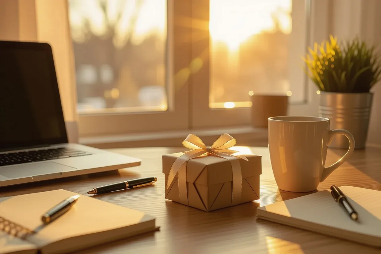 Small surprise gift box on office desk during workday - everyday romantic gestures for her