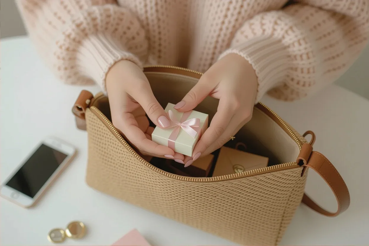 Woman discovering hidden surprise gift in everyday bag - unexpected romantic gestures and gifts