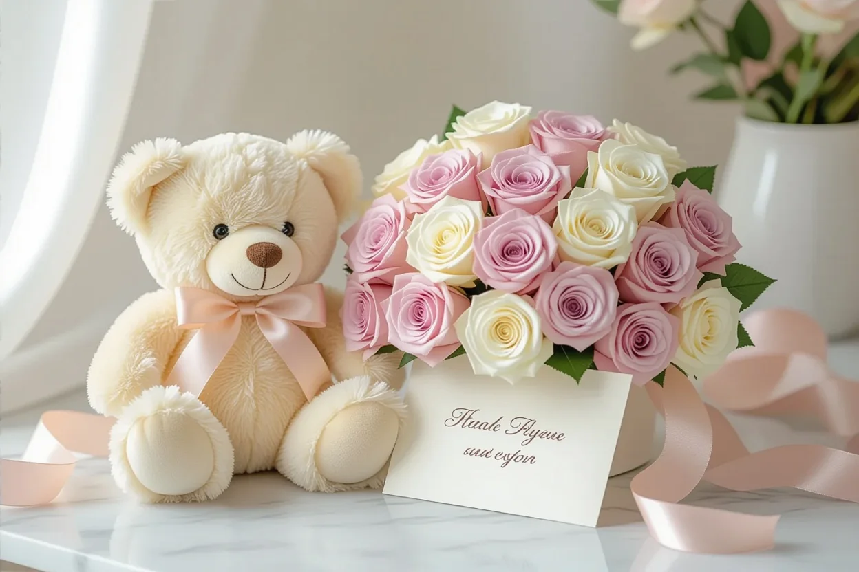 Elegant teddy bear gift with preserved roses and handwritten note for daily appreciation