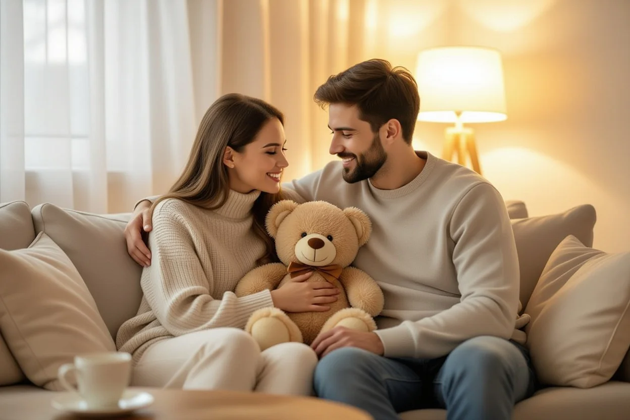 Couple sharing quiet moment with thoughtful teddy bear gift in cozy home setting