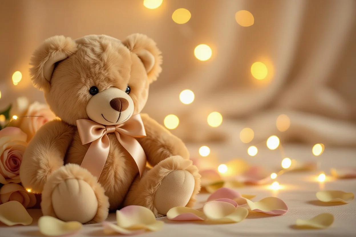 Luxury plush teddy bear with rose petals and fairy lights for romantic gift giving
