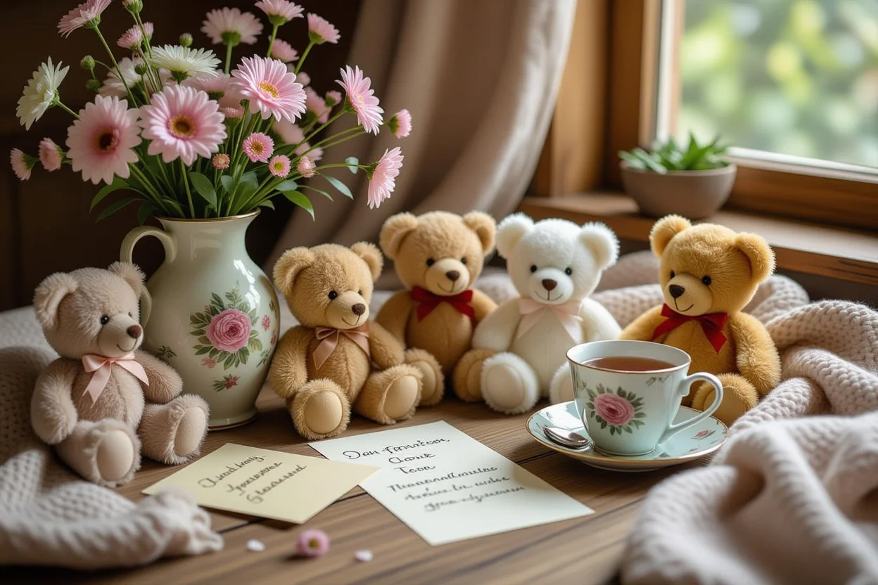 Flat lay of teddy bear gifts with flowers and love notes representing daily appreciation