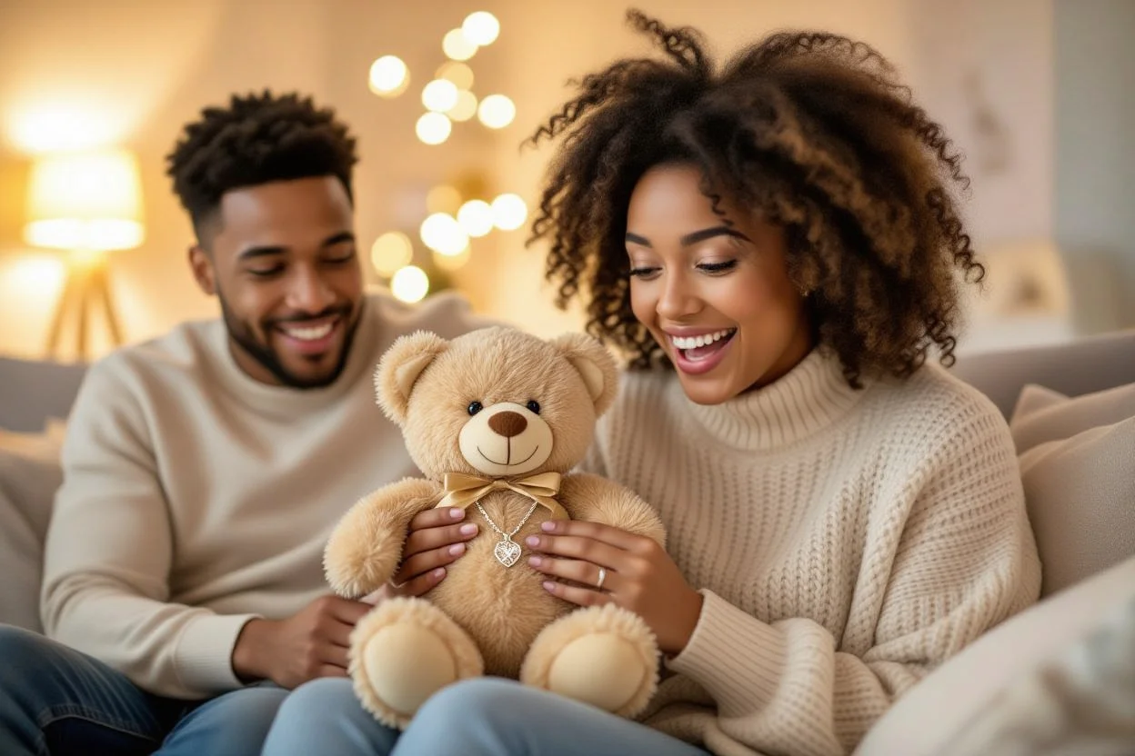 Woman discovering hidden necklace surprise gift in teddy bear from boyfriend