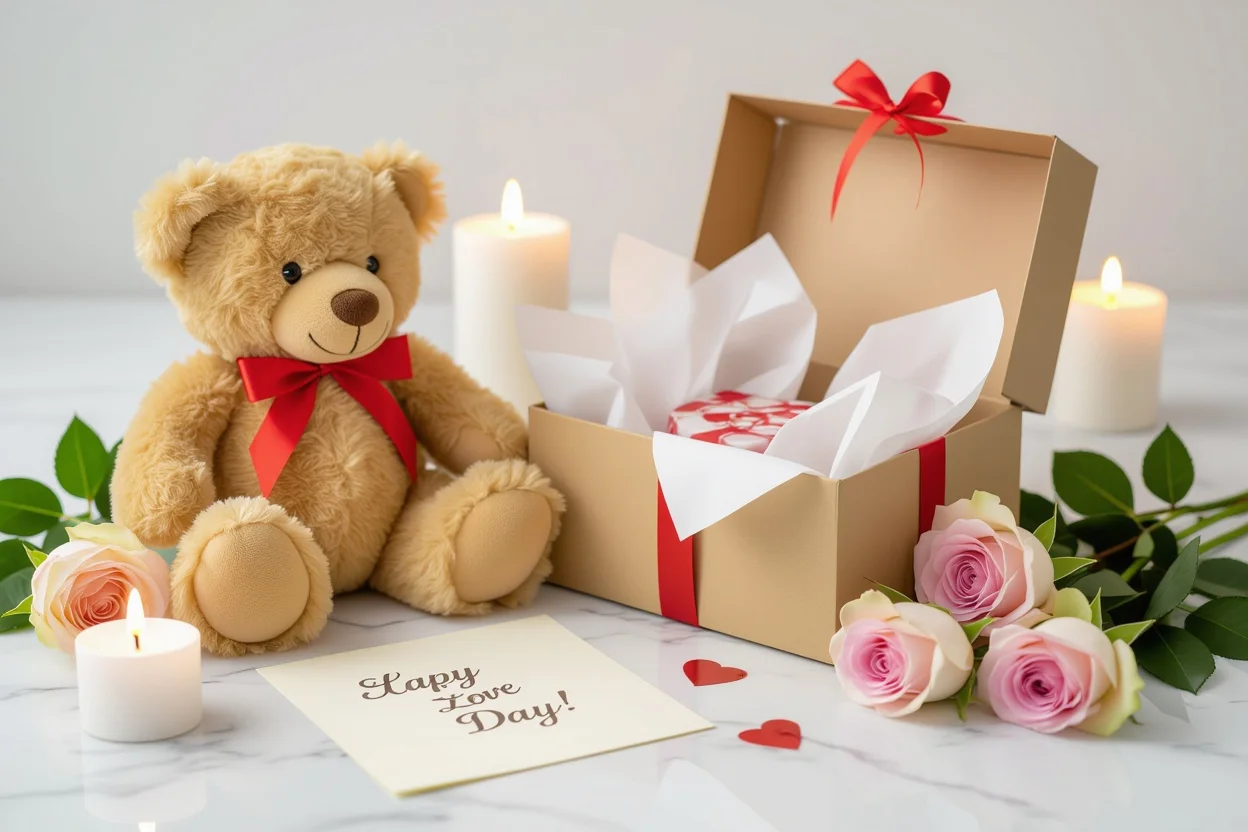 Romantic gift setup with teddy bear Valentine's Day anniversary surprise for her
