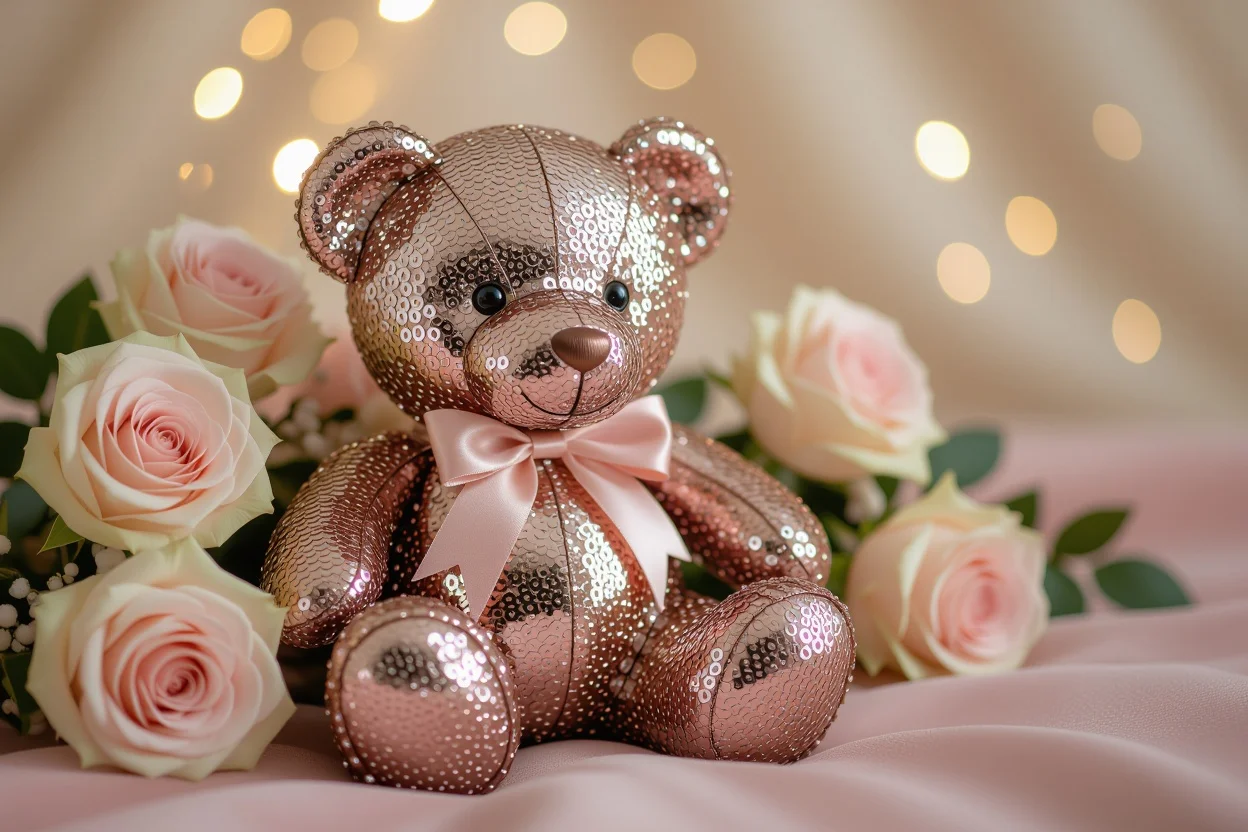 Sparkly sequined teddy bear with preserved roses romantic gift for her