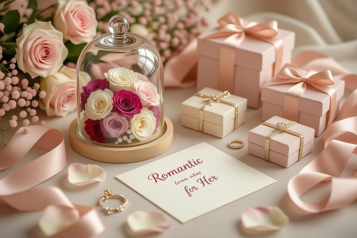 Romantic gifts flat lay preserved flowers jewelry surprise gifts for women