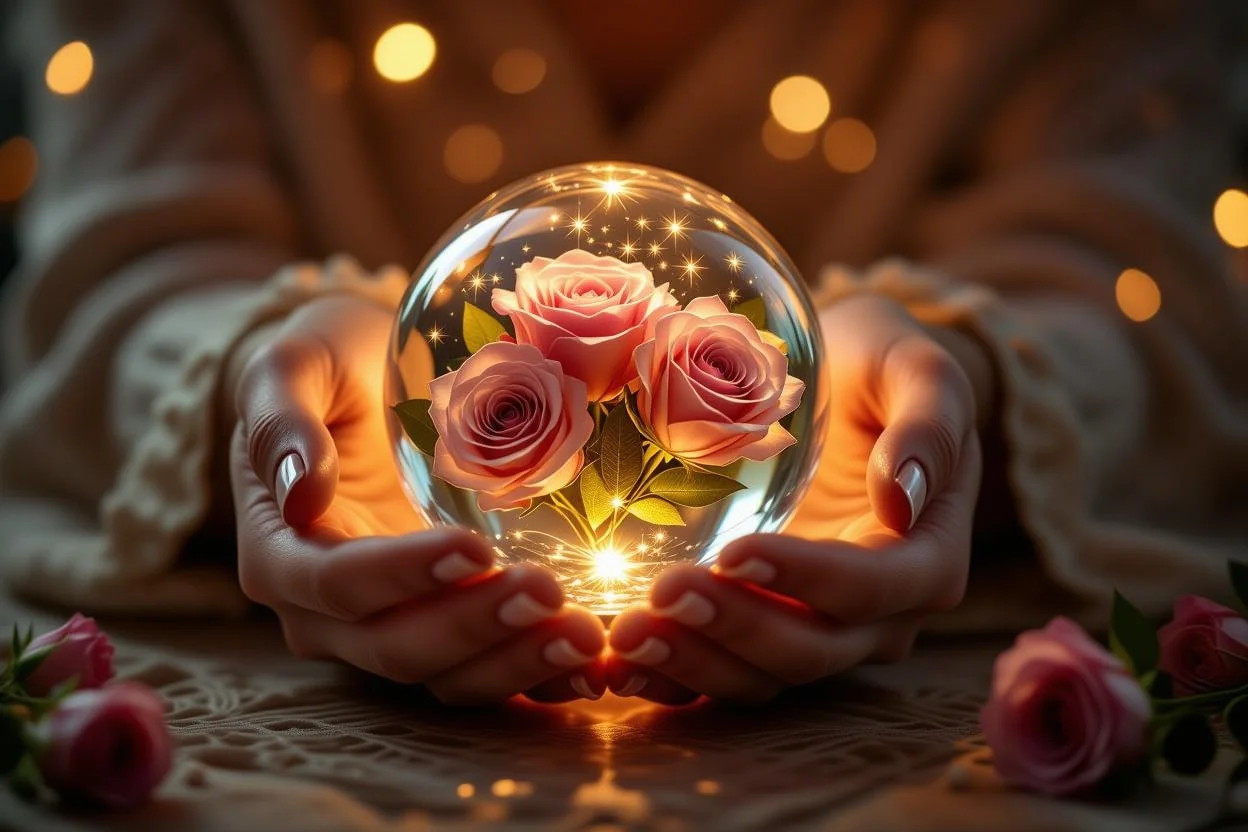 Hands holding preserved roses in glass dome romantic eternal love gift