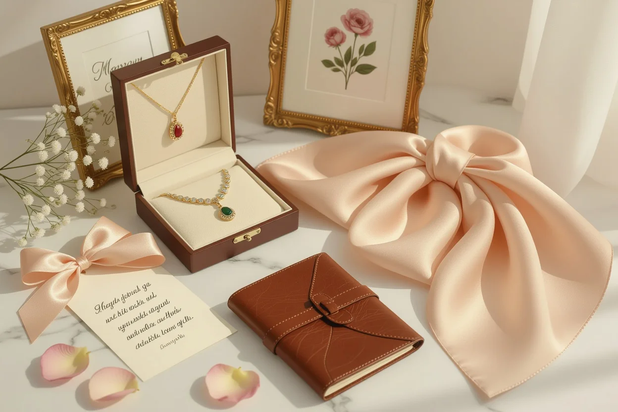 Elegant lasting gifts for women including jewelry, letters, and keepsakes arranged on marble surface
