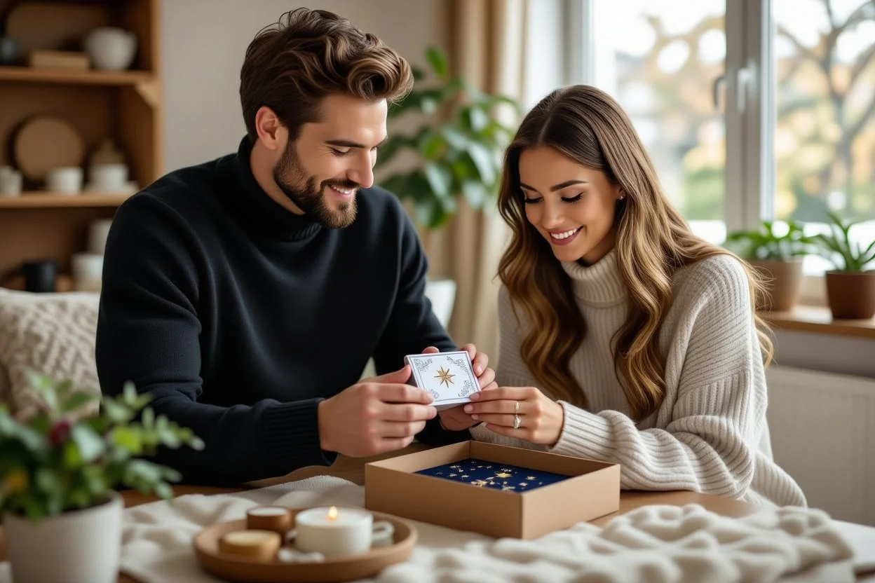 Couple sharing a thoughtful gift-giving moment with carefully chosen meaningful present