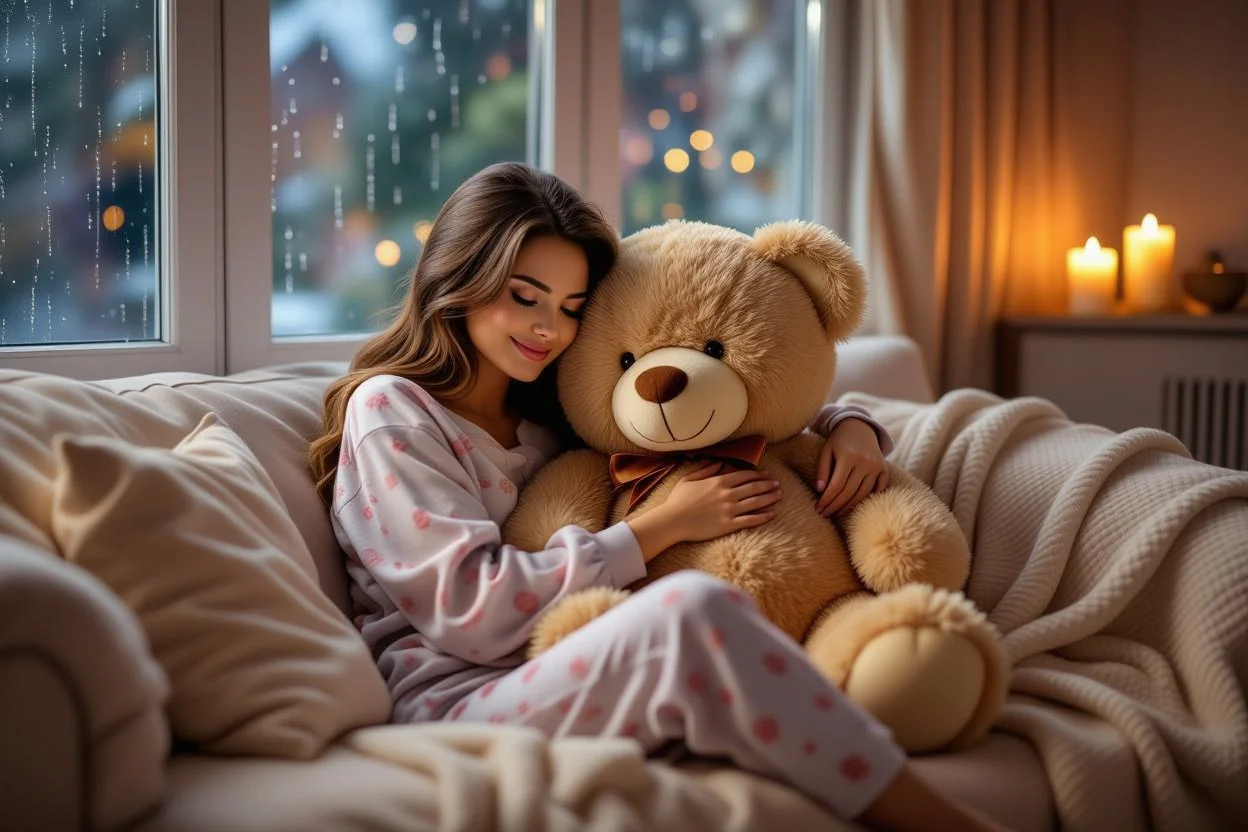 Woman cuddling luxury teddy bear on rainy day - romantic comfort gift for her