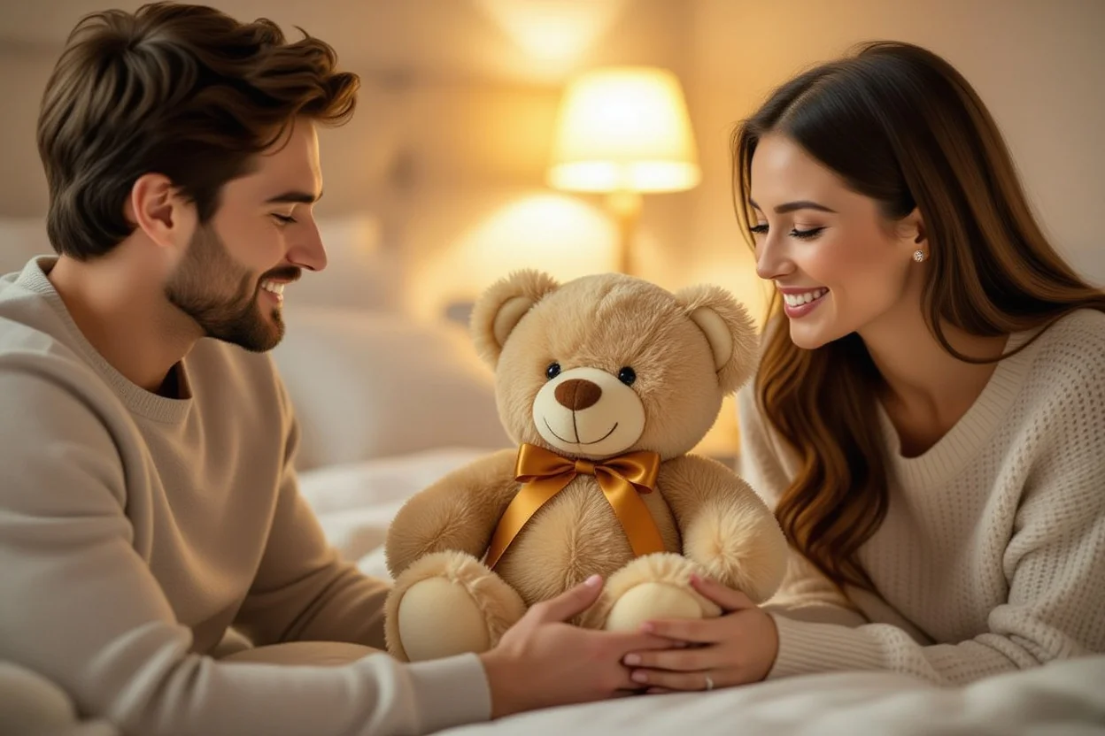 Man surprising girlfriend with luxury teddy bear gift - romantic surprise moment