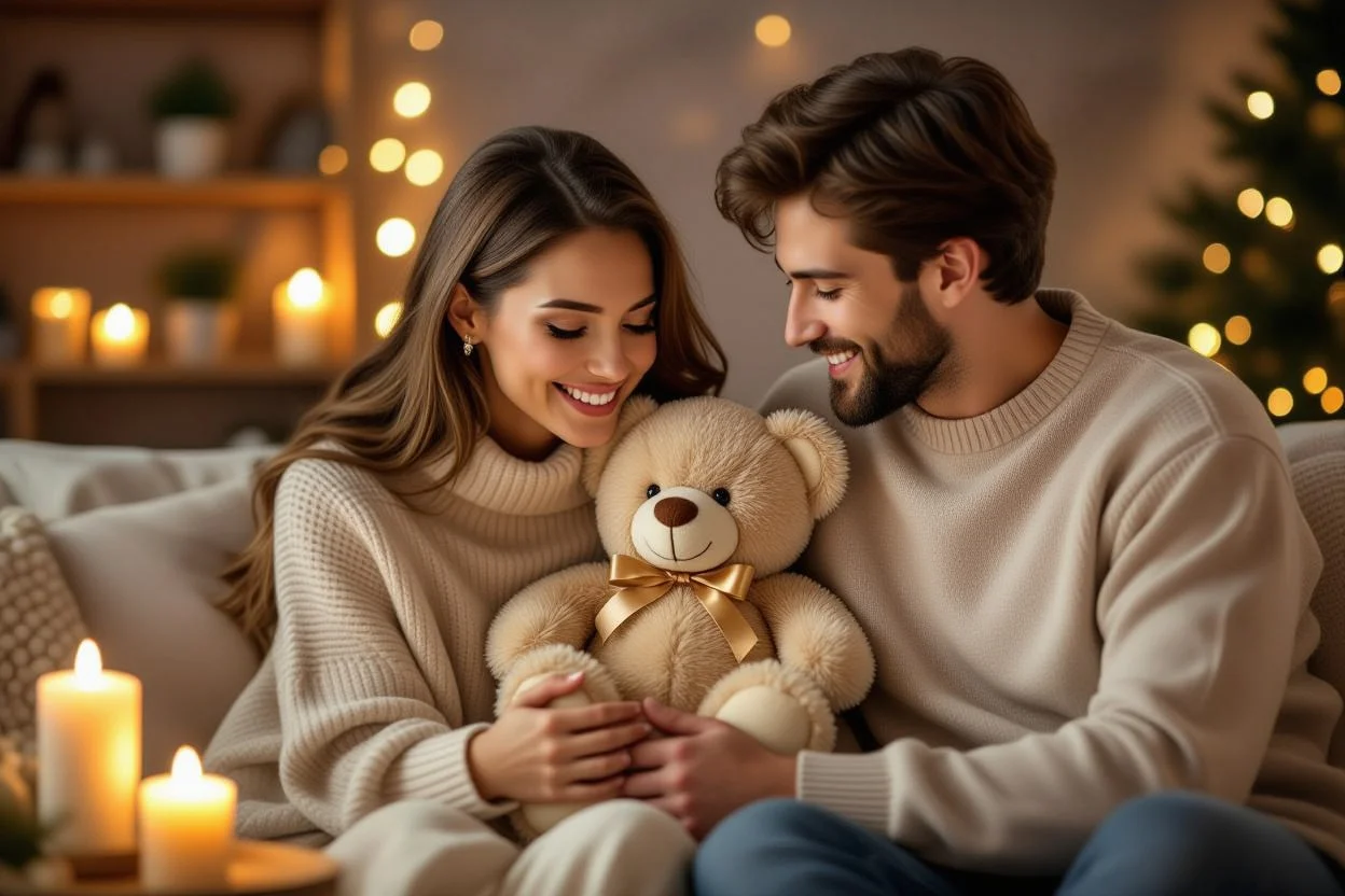 Couple sharing romantic moment with teddy bear gift - perfect relationship present