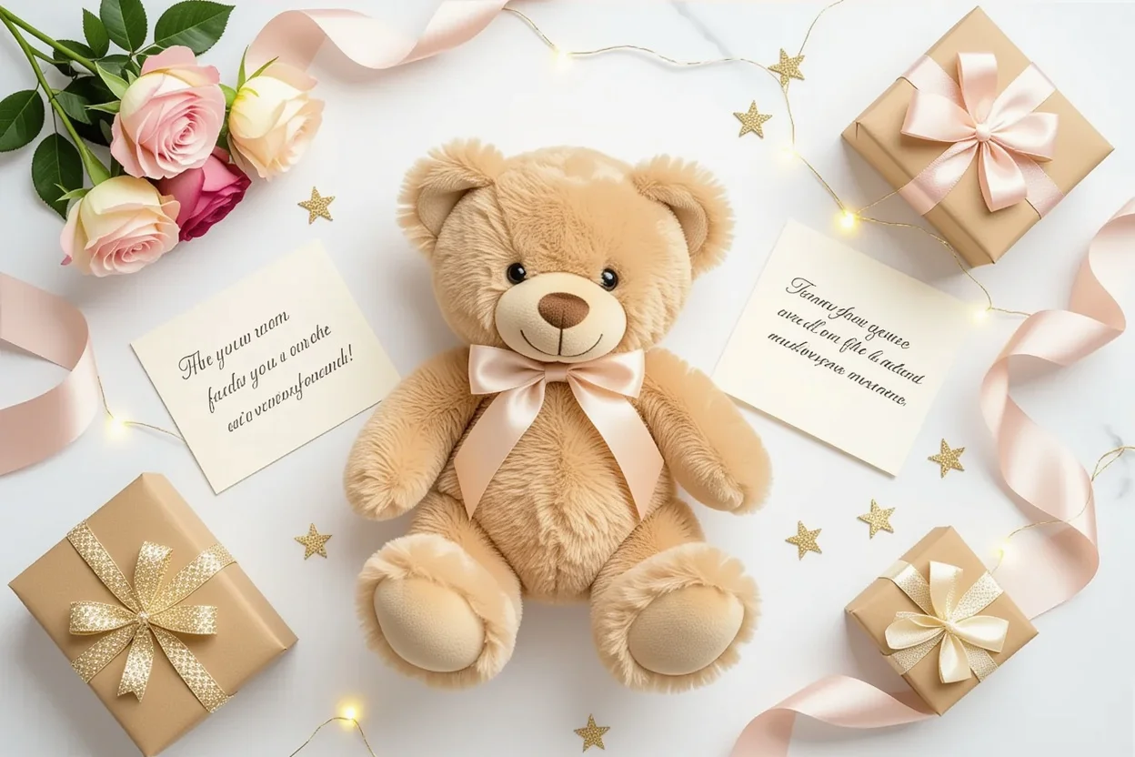 Romantic gift flat lay with teddy bear and preserved flowers - meaningful present ideas