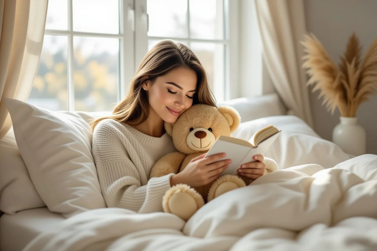 Woman cuddling teddy bear in cozy bedroom - comforting meaningful gift for relationships