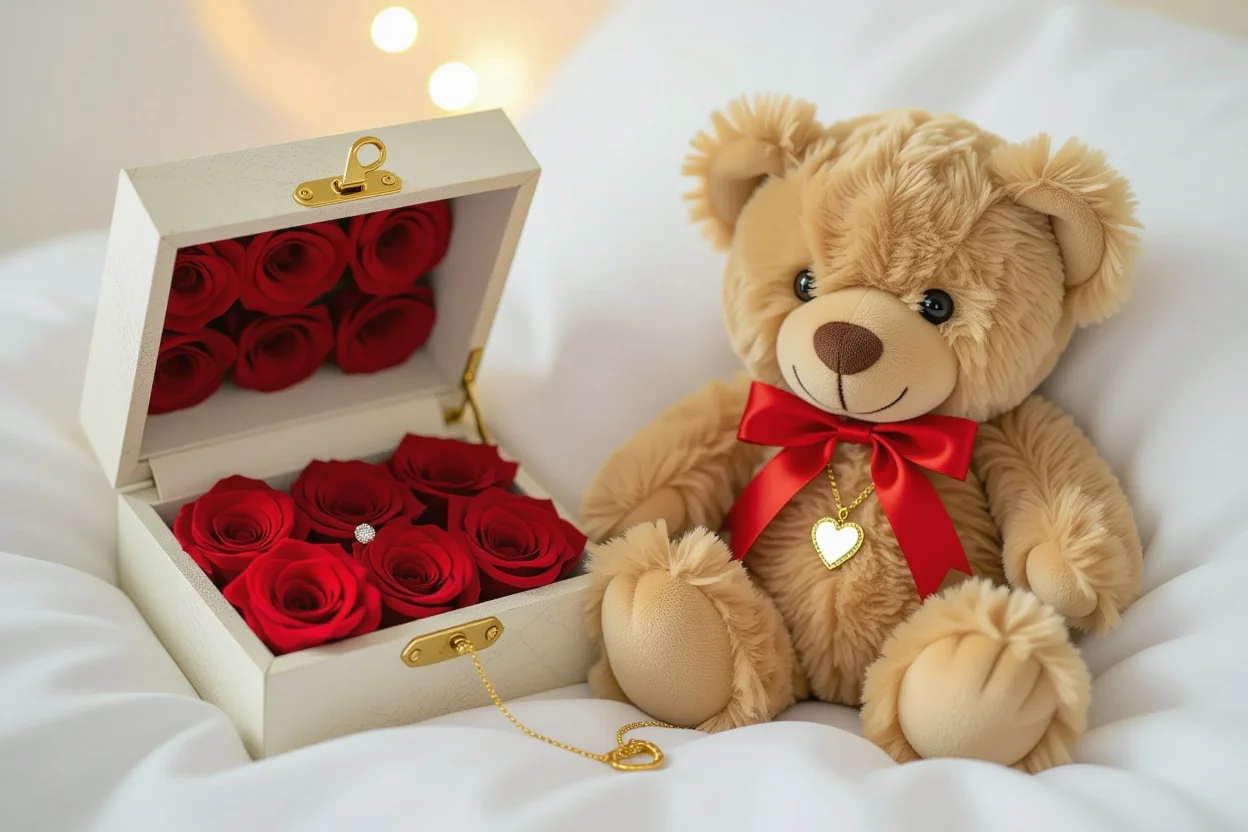 Hidden surprise teddy bear with preserved flowers and gold heart necklace romantic gift
