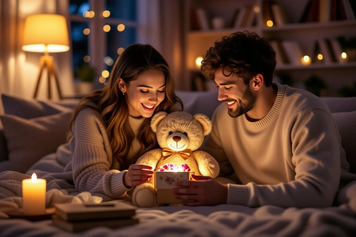 Couple sharing romantic gift moment with surprise teddy bear containing hidden treasures