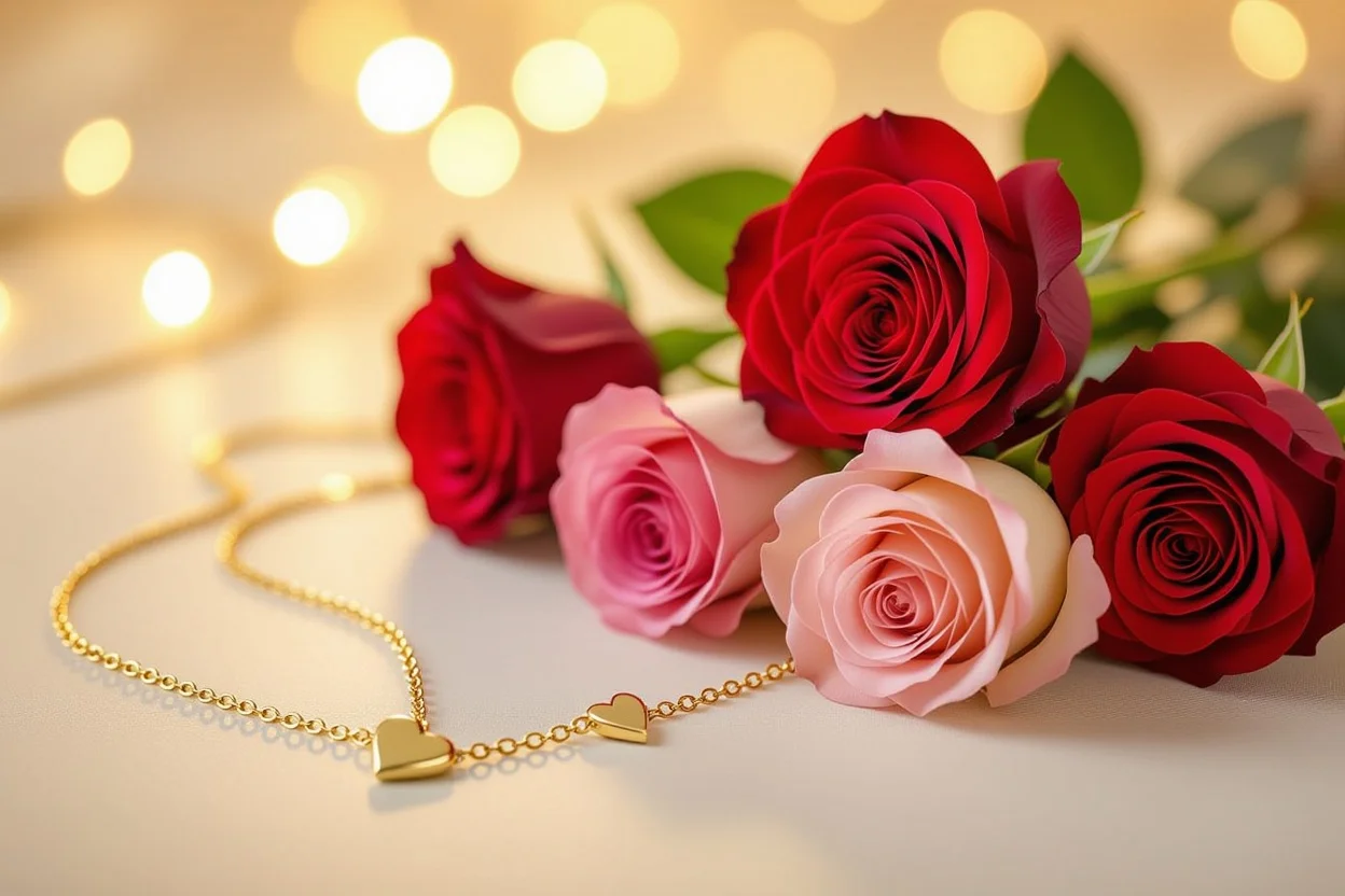 Close-up of preserved roses and gold heart necklace romantic gift components