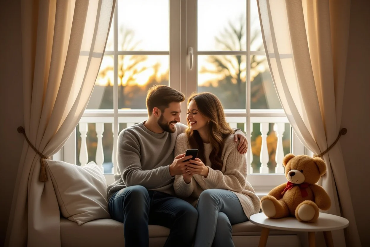 Couple enjoying quiet romantic evening moment with thoughtful teddy bear gift nearby
