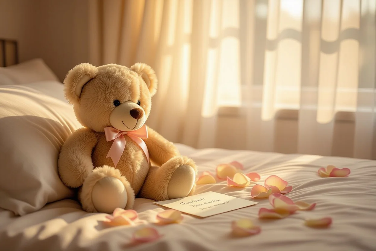 Romantic teddy bear gift on bed with rose petals and love note in morning sunlight